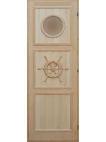 Дверь для бани деревянная DoorWood Штурвал, 750мм х 1850мм, с порогом, коробка липа