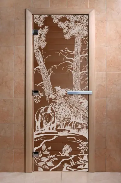 Дверь для сауны DoorWood Мишки, 800мм х 1900мм, без порога, бронза, коробка ольха