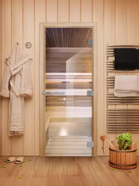 Дверь для бани DoorWood Эталон, 70х 190 см, без порога, прозрачное стекло толщиной 10 мм, коробка осина