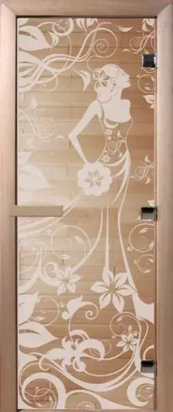 Дверь для сауны DoorWood Девушка в цветах, 700мм х 1900мм, без порога, прозрачная, коробка ольха