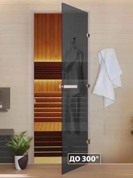 Дверь DoorWood Графит для бани, 70х190 см, без порога, стеклянное полотно серое, коробка ольxа
