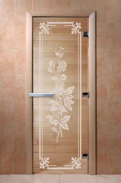 Дверь для сауны DoorWood Розы, 700 х 1900 мм, без порога, прозрачная, коробка ольховая