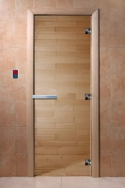 Дверь для сауны DoorWood, 700мм х 1800мм, без порога, прозрачная, коробка ольха