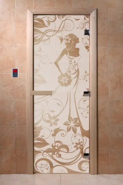Дверь для сауны DoorWood Девушка в цветах, 700мм х 1900мм, без порога, сатин, коробка ольха
