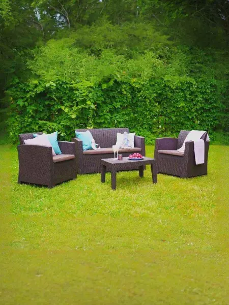 Комплект пластиковой мебели под ротанг для активного отдыха дома B:Rattan Arizona 4 Set, коричневый - 2х местный диван, столик и 2 кресла