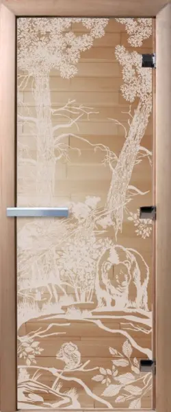 Дверь для сауны DoorWood Мишки, 800мм х 1900мм, без порога, прозрачная, коробка ольха
