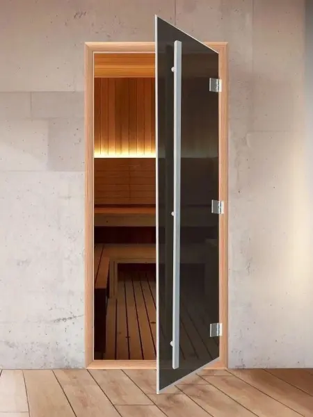 Стеклянная дверь DoorWood Престиж Графит для бани, 700 х 1900 мм, с порогом, серое, коробка ольха