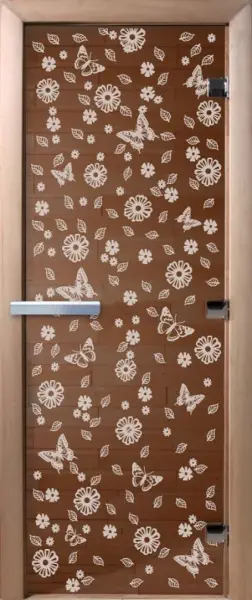 Дверь для сауны DoorWood Цветы и Бабочки, 700мм х 1900мм, без порога, бронза, коробка ольха