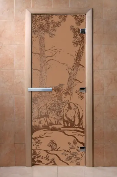 Дверь для сауны DoorWood Мишки, 700мм х 1900мм, без порога, бронза матовая, коробка ольха
