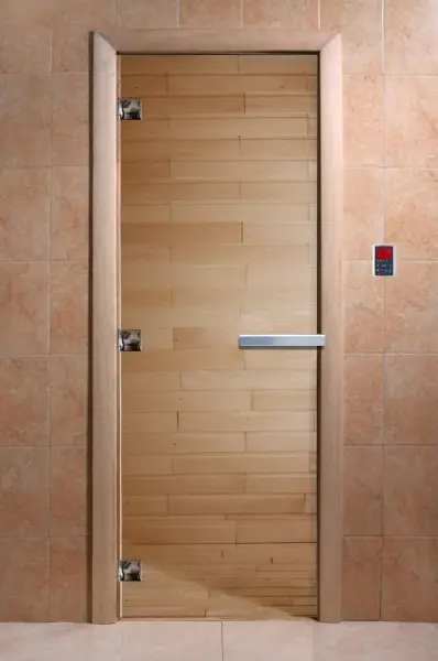 Дверь для сауны DoorWood, 700мм х 1800мм, без порога, прозрачная, коробка ольха