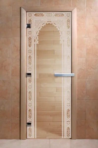 Дверь для сауны DoorWood Восточная Арка, 800мм х 1900мм, без порога, прозрачная, коробка ольха