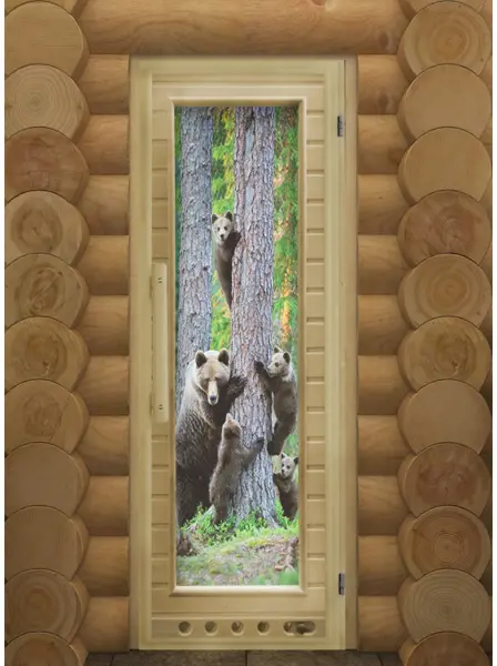 Дверь для сауны DoorWood с фотопечатью Элит Люкс Мишки, 730мм х 1850мм, с порогом, коробка липа