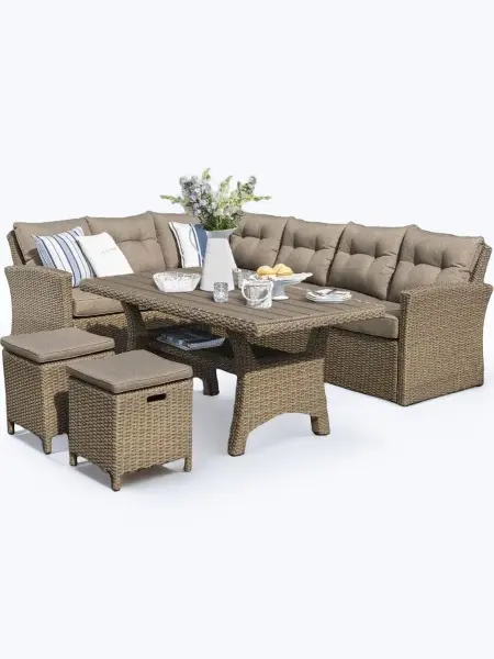 Обеденная группа плетеной мебели AFM-307B Beige из искусственного ротанга - угловой диван, стол, 2 пуфика с подушками.