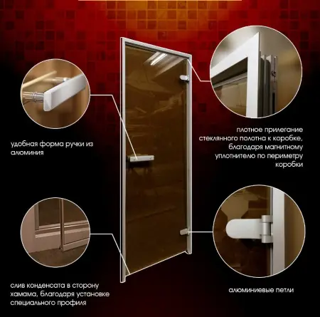 Дверь для турецкой парной DoorWood Hamam Light 700мм х 1900мм, без порога, стекло прозрачное