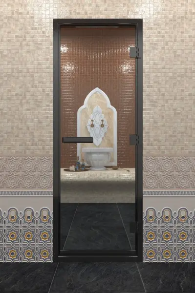 Дверь для турецкой парной DoorWood 900мм х 2000мм, черный профиль, стекло бронза матовая