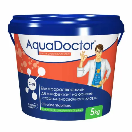 Дезинфектант для бассейна на основе хлора быстрого действия AquaDoctor C-60, гранулы, 5 кг.