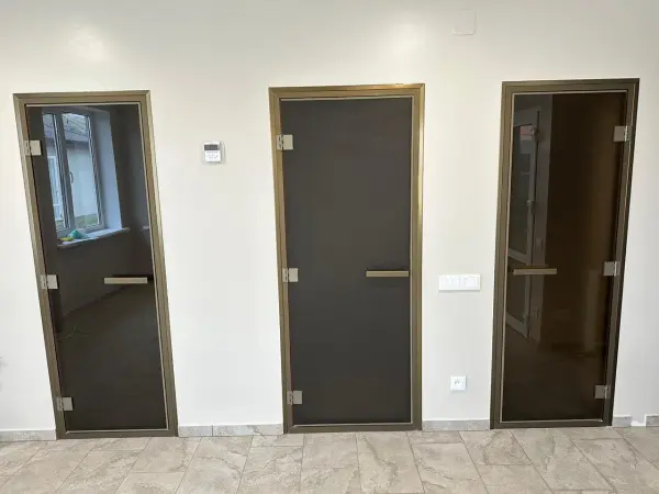 Дверь DoorWood хамам 700 х 1900 мм, бронзовый профиль, стекло прозрачное