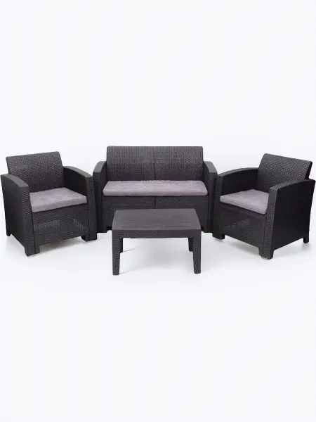 Комплект садовой пластиковой мебели под ротанг для отдыха на даче B:Rattan Arizona 4 Set, графит, двухместный диван, столик и 2 кресла.