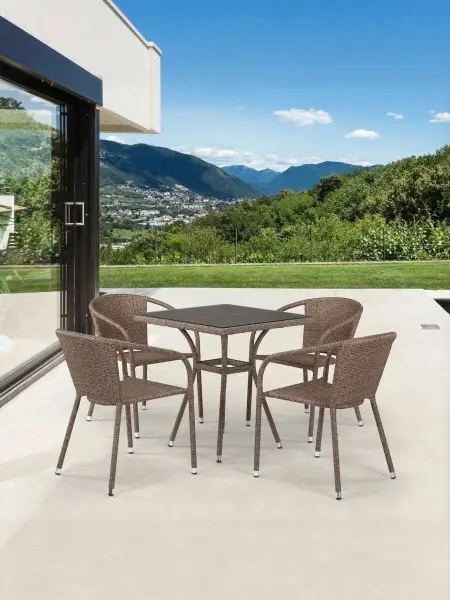 Обеденная группа из искусственного ротанга T282BNT/Y137C-W56 Light Brown (квадратный стол и 4 кресла).