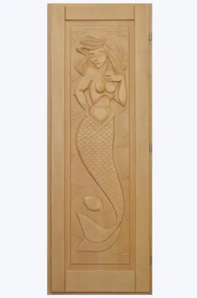 Дверь для бани глухая DoorWood с резьблой Русалка, 700х1900 мм, с порогом, массив кавказкой липы, без ручки