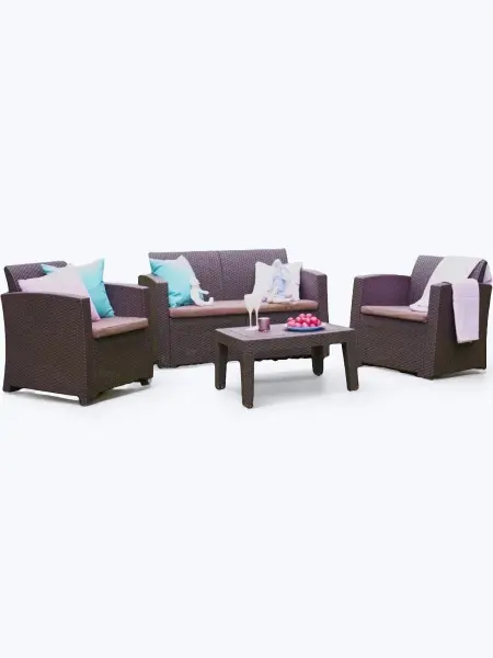 Комплект пластиковой мебели под ротанг для активного отдыха дома B:Rattan Arizona 4 Set, коричневый - 2х местный диван, столик и 2 кресла