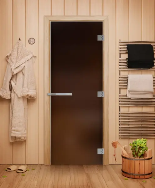 Дверь для бани бронза матовая DoorWood серия Эталон Лайт, 700х1900 мм, полотно стекло 8 мм, коробка осина