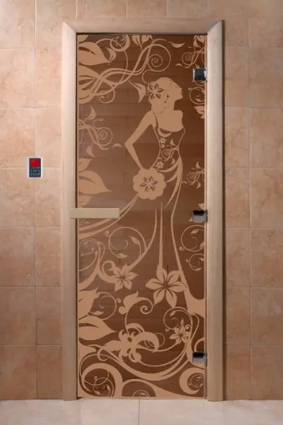 Дверь для сауны DoorWood Девушка в цветах, 600мм х 1800мм, без порога, бронза, коробка ольха