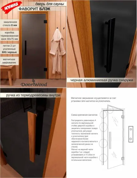 Дверь для сауны DoorWood Favorit Black, 700мм х 1900мм, без порога, графит матовое