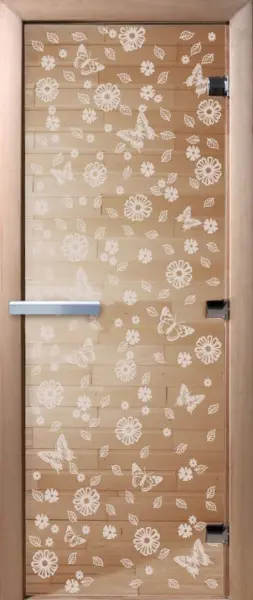 Дверь для сауны DoorWood Цветы и Бабочки, 700мм х 1900мм, без порога, прозрачная, коробка ольха