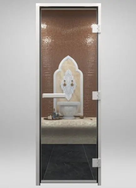 Стеклянная прозрачная дверь DoorWood в хамам, размер 710 х 1900 мм, без порога, коробка алюминиевая