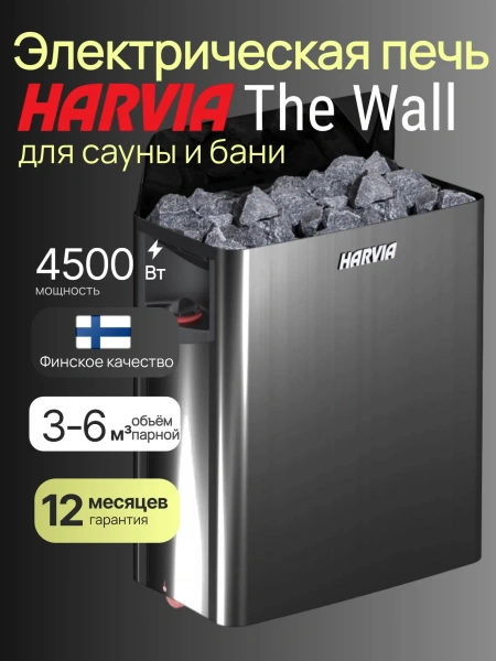 Электрическая печь Harvia The Wall SW45 Black Steel со встроенным пультом в интернет-магазине WellMart24.com